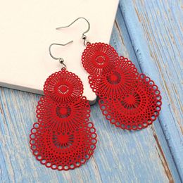 Dangle Earrings Red Round Bohemian Openwork Pattern For Women Big Statement Bridal Party Jewellery Long Drop