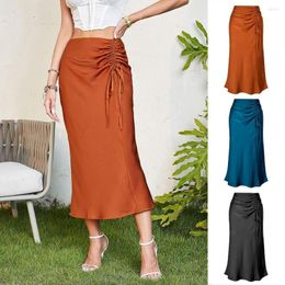 Skirts SISHION Elegant Shirring Satin Skirt 2023 Blue Orange Summer High Waist Slim Zipper Long Women VD3936