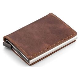 Card Holders Automatic Vintage Men's Genuine Leather Holder Retro Aluminium Alloy Business Male ID Cardholder Mini Wallet Purs310H