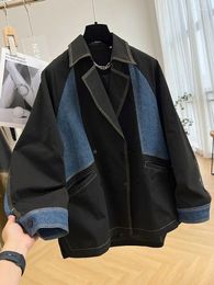 Women's Trench Coats Chic Denim Stitching Long Sleeve Trend Ladies Coat Korean Clothing Big Size Black Jacket Top 2023 Spring Autumn