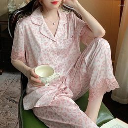 Women's Sleepwear Summer Pyjama Ice Silk Short Sleeved Long Pant Lapel Cardigan Printed Home Dress Nightgown Lace Sexy Pink Leopard Prints