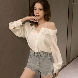 Women's Blouses Shirts Women Long Sleeve Solid Skew Collar Off Shoulder Stylish Sexy Lady Elegant Chic Daily Loose Blusas Top Mujer