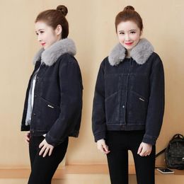 Women's Trench Coats Winter Style Women Casual Turn-Down Fur Collar Thick Warm Single Button Shorts Jeans For Females Denim Slim Outerwear