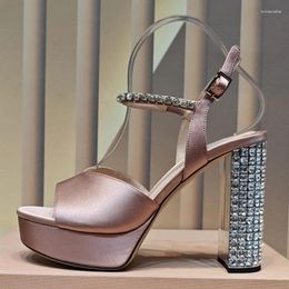 Sandals Female High Heel Summer Satin Material Round Head Open Toe Platform Crystal Decor Eye-Catching Ladies Pumps