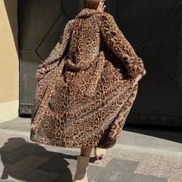 Women Blends Fashion Lace Up Oversize Boho Outwear Vintage Lapel Loose Winter Fur Coat Casual Long Sleeve Leopard Coats for Women 231129