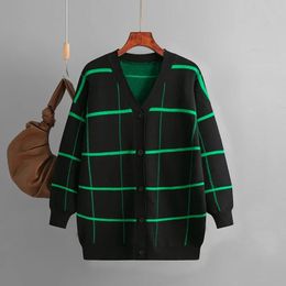 Womens Sweaters Winter Cardigans for Women Knit Sweater Long Sleeve V Neck Chic Green Plaid Button Up Knitted Oversized Tops Office Lady Jackets 231129