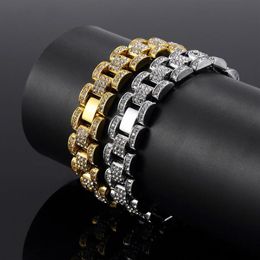 Bling Bling 15mm 21cm Gold Silver Hip Hop Mens Rhinestones Watchband Chain Bracelet Tank Bangle For Boys Rapper Rocker Punk Iced O314I