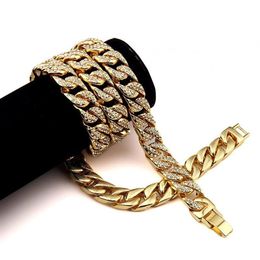 Heavy 24K Solid Gold Plated MIAMI CUBAN LINK Exaggerated Shiny Full Rhinestone Necklace Hip Hop Bling Jewelry Hipster Men Curb Cha251y
