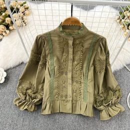 Women's Blouses Court Styl Age Reducing Gentle Shirts Stand Neck Lace Patchwork Puff Sleeve Blusas Hollow Out Single-breasted High Grade