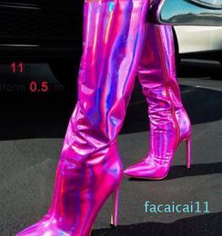 Mid-Calf Women Boots Side Zip Color-Changing Thin High Heels Ladies Shoes Purple Laser Shining PU Pointed Toe Loose