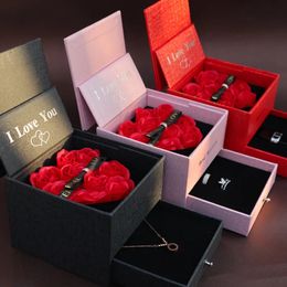 Faux Floral Greenery I Love Your Heart Rose Girl Christmas Gift 2023 New Fashion Romantic Necklace Ring Jewelry Box 231130