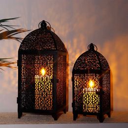 Candle Holders 2Pcs Metal Candle Holder Black Candle Lantern Decorative Hanging Lantern with Hollow Pattern for Party Garden Indoors Outdoors YQ231130