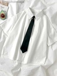 Women's Blouses Shirts ZOKI White Shirts Women Fashion Black Tie Japan Style Preppy dents JK Girls Blouse Simple Solid Loose Summer Button Up TopsL231130