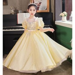 Shiny Yellow Flower Girls Dress Wedding Teenage Children Princess Party Bling Long Graduation Gown Kids Dresses For Baby Summer Clothes Bridesmaid Gowns 403