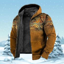 Men's Hoodies Zipper Winter Fleece Parka Coats Ethnic Tribal Graphics Jackets Sweatshirts Outerwear Hooded Zip-up Overcoat