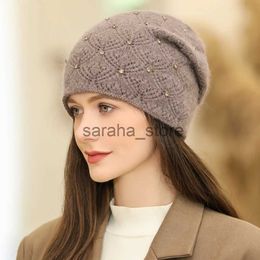 Beanie/Skull Caps New Women Winter Hat Streetwear Rabbit Fur Blend Warm Cap Fashion Decorate Beanie Hat For Female Casual Knitted Hat J231130