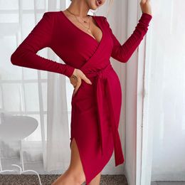 Casual Dresses 2023 Autumn Surplice Neck Split Hem Long Sleeve Belted Midi Bodycon Dress Red Sexy Party Women Robes Festival Gowns