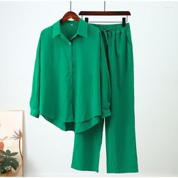 Women's Two Piece Pants 2023 Spring And Autumn Est Loose Elastic Wrinkle Long Sleeve Shirt Clothes With Wide Leg Women 2-piece Set