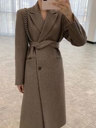 Women's Wool Blends Women Elegant Long Woolen Coat With Belt Solid Color Long Sleeve Chic Korea Style Outerwear Ladies Overcoat 231130