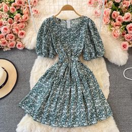 Casual Dresses Summer Floral Dress Woman Vintage Sleeve A-Line Party Mini With Belt Beach Holiday Sundress Elegant Vestidos