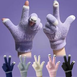 Five Fingers Gloves Cute Panda Fingertip Warm Women Girls Winter Fluffy Knitted Fingerless Glove Wool Touchscreen Phone Full Finger Mittens 231130