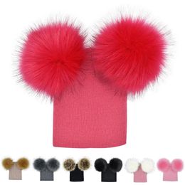 Winter Baby Knit Hat With Two Fur Pompoms Boy Girls Fur Ball Beanie Kids Caps Double Pom Hat for Children266x