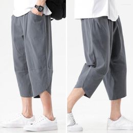 Men's Shorts Men Summer Pants Solid Colour Dress-up Cropped Loose Mid-calf Length Pockets Elastic Waist Deep Crotch Harem Pant