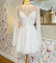 2024 Neu Kommen Spitze Kurzes Brautkleid Mit Abnehmbarer Jacke Dot Tüll Lange Ärmel Brautkleider Braut Party Kleider Robe De Mariage Vestidos De Noiva