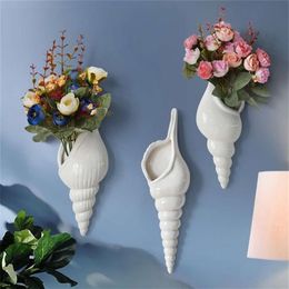 3 TYPES Modern White Ceramic Sea Shell Conch Flower Vase Wall Hanging Home Decor Living Room Background Wall Decorated Vase 210409208m