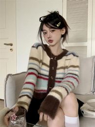 Women's Knits Striped Cardigan Jackets Women Clothing O-neck Long Sleeve Tunic Sueter Mujer Fashion Casual Knitted Cropped Sweater Y2k Tops