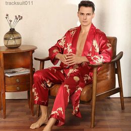 Men's Robes Luxury Dragon Print Men's Kimono Black Satin Long Robe Sets Summer Ultra Thin Cool Man Silk Robes + Pajama Pants kimono hombre L231130