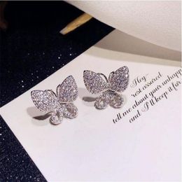Sweet Cute Luxury Sparkling Jewelry 925 Sterling Silver Pave White Sapphire CZ Diamond Gemstones Women Butterfly Wedding Stud Earr282R