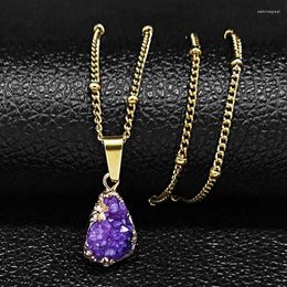 Pendant Necklaces Purple Stainless Steel Irregular Shape Natural Crystal Necklace Women Gold Color Chain Jewelry NG43S04