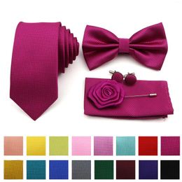 Bow Ties Rose Red Pink Tie Set Polyester Slim Plaid Necktie Bowtie Cufflink Brooch For Groom Suit Wedding Cravat Shirt Accessory