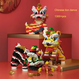 Christmas Toy Supplies Creative Series Chinese Style Lion Dance Ornaments Assembled Building Blocks Small Particle Toys 231130
