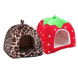 Kennel Foldable Soft Winter Leopard Dog Bed Strawberry Cave Dog House Cute Nest Fleece Cat Housethe287n