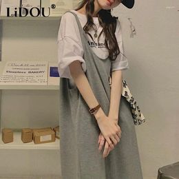 Casual Dresses Summer Autumn Loose Short Sleeve T-shirt Vintage Lace Up Slip Dress Two Pieces Set Ladies Letter Printing Tee Slit Robe