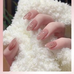 False Nails 24pcs Long Style Sweet Girl Glitter Almond Head Jelly Pink Wearable Finished Fake Full Cover Nail TipsFalse