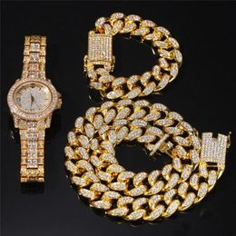 3pcs Set Men Hip Hop Iced Out Bling Chain Necklace Bracelets Watch 20mm Width Cuban Chains Necklaces Hiphop Charm Jewelry Gifts212s