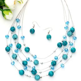 Necklace Earrings Set & Summer Women Wedding Shambhala Beads Natural Stone Silver Multilayer Chain Pendant Choker Boho