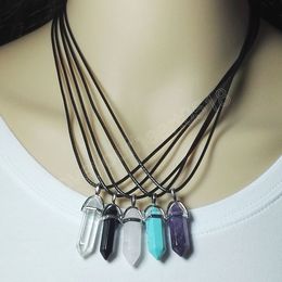 Pink Purple Crystal Stone Hexagonal Pendant Necklaces Leather Chains Necklace Women Fashion Jewellery