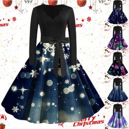 Casual Dresses Christmas Women Vintage Long Sleeves O-neck Belt Waist A-Line Swing Cocktail Party Dress Evening Celebrity