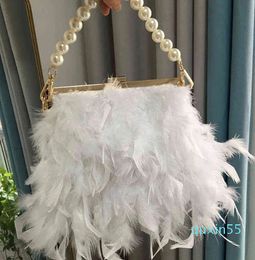 New Ostrich Feather Handbag Women's Evening Clutch Bag White Black Dinner Party Clutches Pearl Chain Shoulder