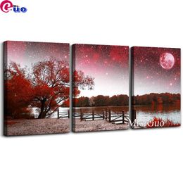 Stich 3 PCs Red Tree Moon Szenerie 5d Diamond Malerei Triptychon Full Drill Diy Diamond Stickerei Mosaic Craft Kit Verkauf Home Dekoration