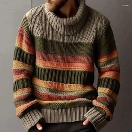 Men's Sweaters Long Sleeve Fashion Turtleneck Men Autumn Vintage Striped Jacquard Knitted Tops Mens Sweater Casual Loose Knit Pullover