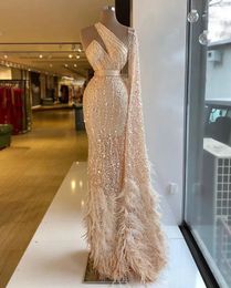 Luxury Long Gold One Shoulder Evening Dresses Beaded Sequin Full Sleeves Mermaid Sweep Train Party Gowns for Women
