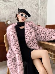 Women Blends 2023 Winter Women Elegant Leopard Print Faux Fur Coats Female Turn Down Collar Thick Warm Fashion Overcoats Lady Long 231129