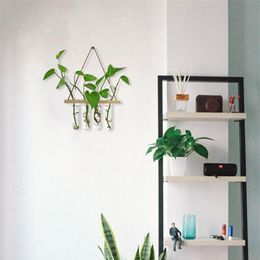 Wall Hanging Glass Terrarium Air Planter Holder Plant Hanger Flower Vase with Wooden Frame 4 Test Tubes for Propagation303l