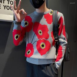 Men's Sweaters 2023 Men Autumn Casual Trendy Slim Cotton Long Sleeve Round Collar Male Warm Pullovers Red Flowers Knit Shirt