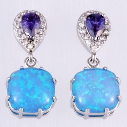 Dangle Earrings KONGMOON Pear Cut Purple CZ 10x10 Ocean Blue Fire Opal Cabochon Silver Plated Jewellery For Women Piercing Drop